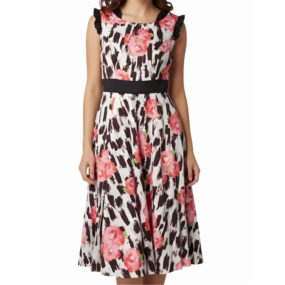 Hearts & Roses Floral A-Line Dress Multicolor Ruffle Cap Sleeves